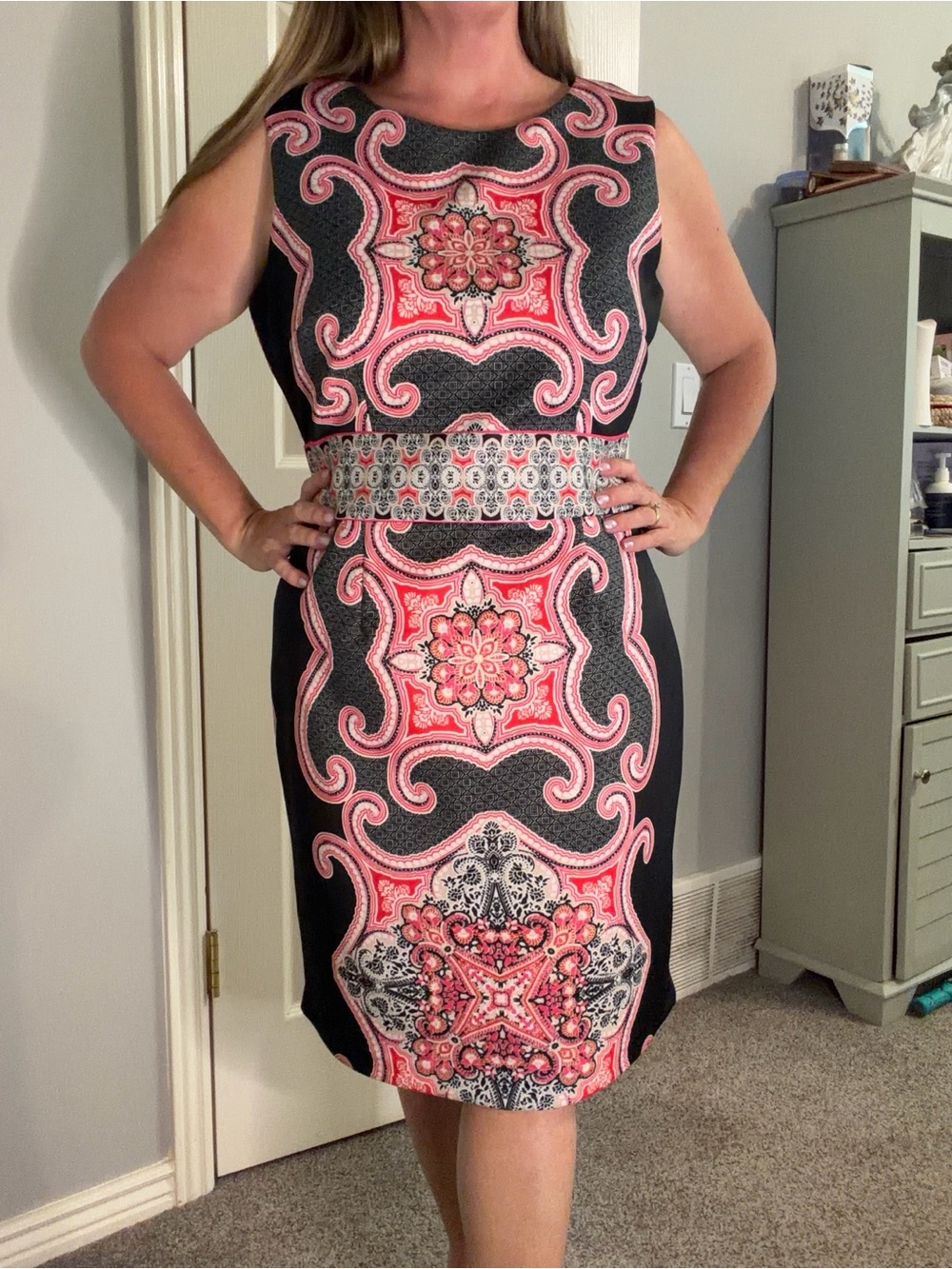 Sleeveless Black Dress with Pink Medallion Print - New York & Co